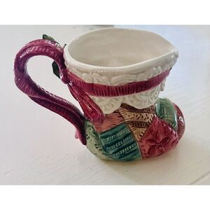 Fitz & Floyd Quilt Stocking Christmas  Patchwork  Creamer Pitcher Glossy Vtg